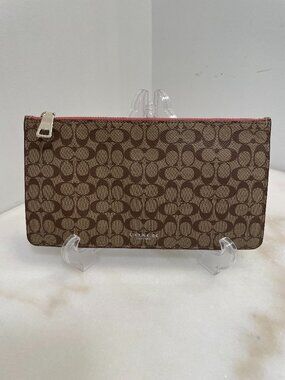 Coach Slim Envelope Wallet/Clutch Signature Logo Brown/Tan/Wine Flat Pouch EUC